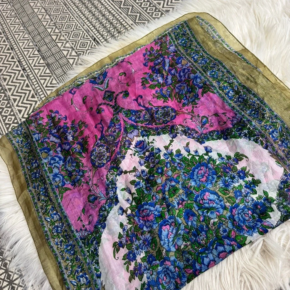 Silk Floral‎ Pink and Green Printed Scarf